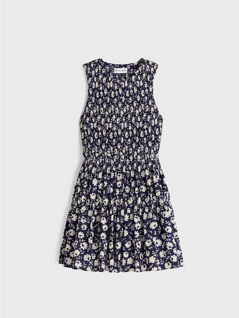 Apiece Apart Navy and Cream Floral Smocked Tier Dress
